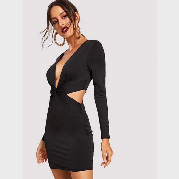 Twist Front V-Neck Bodycon Mini Dress Long Sleeve - Picture 3 of 7